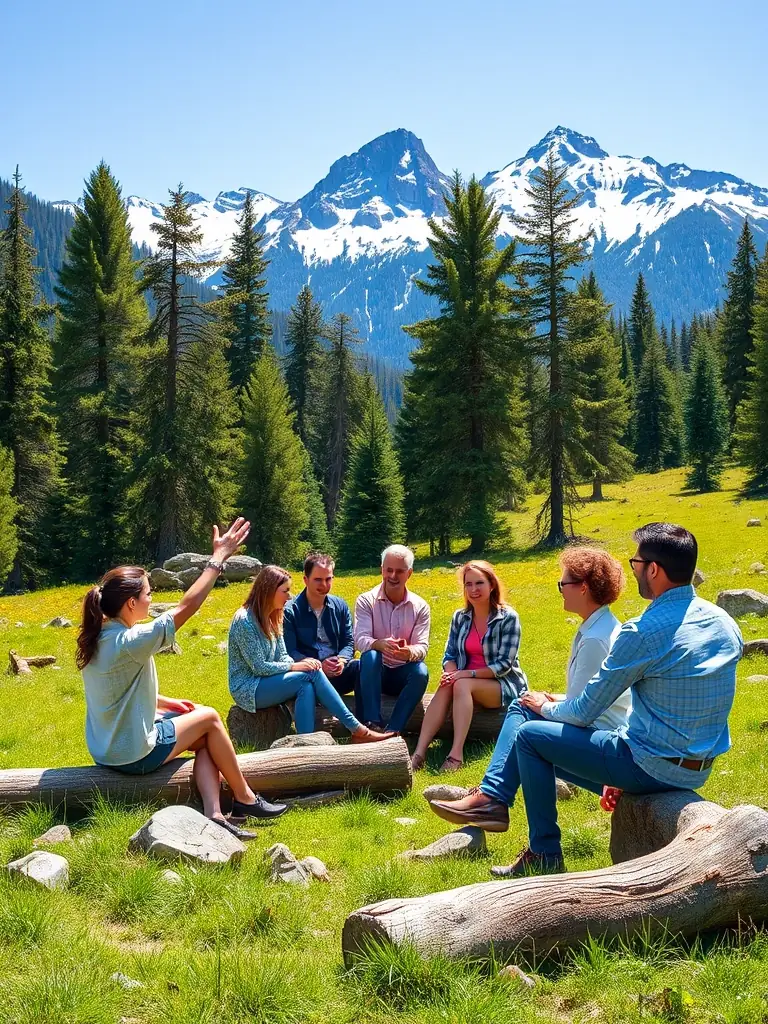 Participants engaged in a facilitated outdoor discussion with scenic mountain views, representing Alpine Team Building's Focus Groups.